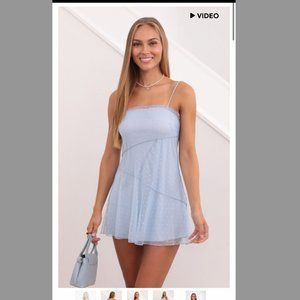 Lucy in the Sky "Ade Patchwork Mesh Dress" in Baby Blue Polka Dot